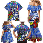 Autism Awareness Australia North Melbourne Kangaroos Family Matching Mermaid Dress and Hawaiian Shirt Aboriginal Indigenous Art
