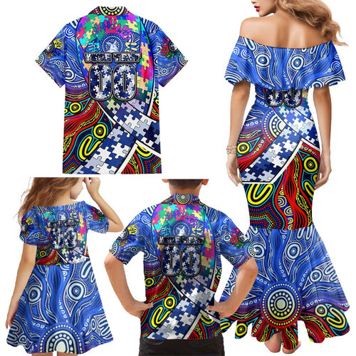 Autism Awareness Australia North Melbourne Kangaroos Family Matching Mermaid Dress and Hawaiian Shirt Aboriginal Indigenous Art