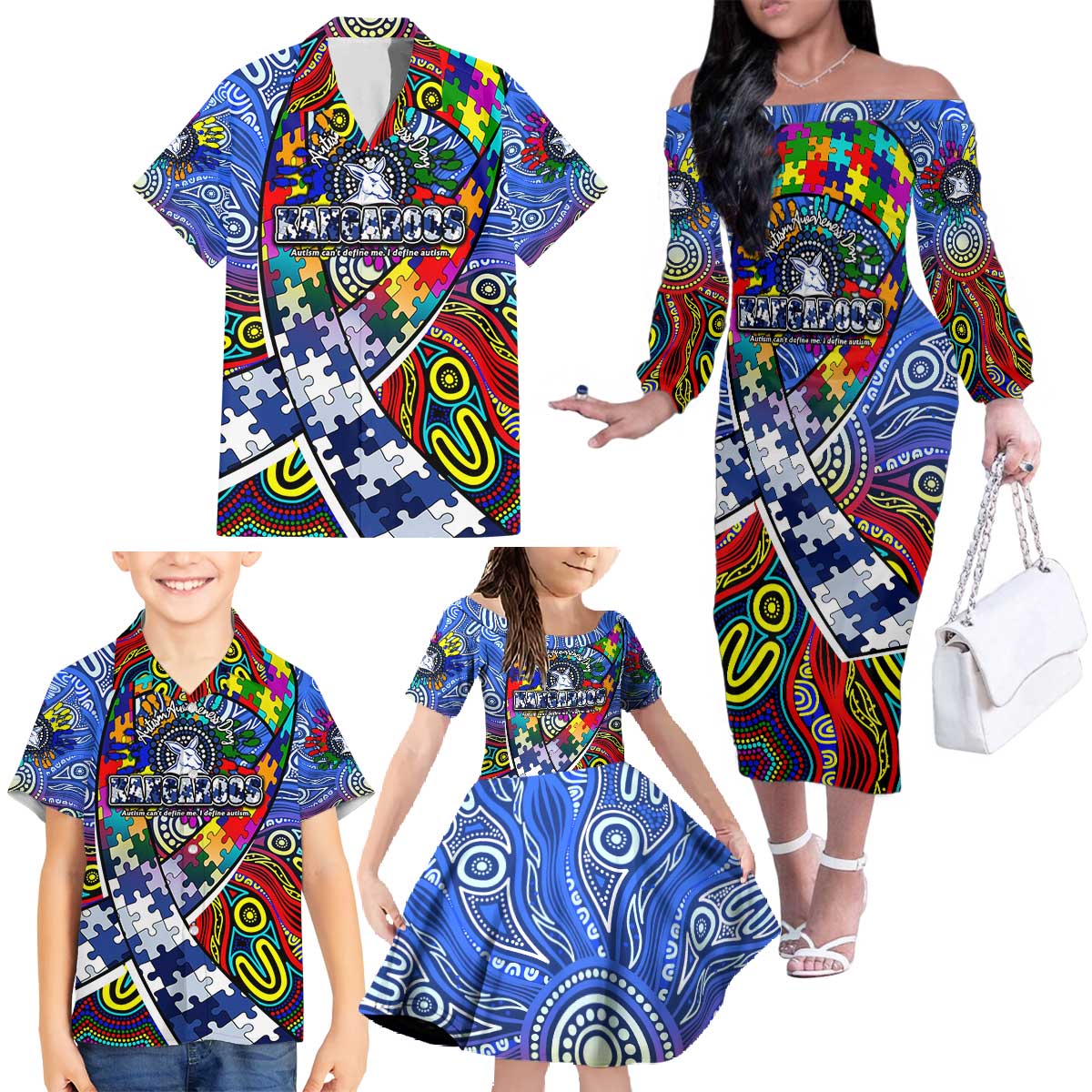 Autism Awareness Australia North Melbourne Kangaroos Family Matching Off The Shoulder Long Sleeve Dress and Hawaiian Shirt Aboriginal Indigenous Art