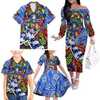 Autism Awareness Australia North Melbourne Kangaroos Family Matching Off The Shoulder Long Sleeve Dress and Hawaiian Shirt Aboriginal Indigenous Art