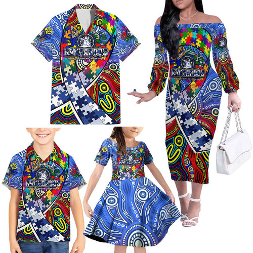 Autism Awareness Australia North Melbourne Kangaroos Family Matching Off The Shoulder Long Sleeve Dress and Hawaiian Shirt Aboriginal Indigenous Art