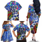 Autism Awareness Australia North Melbourne Kangaroos Family Matching Off The Shoulder Long Sleeve Dress and Hawaiian Shirt Aboriginal Indigenous Art