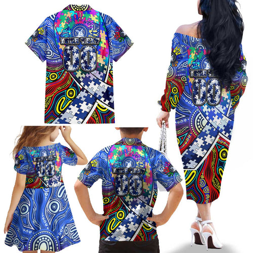 Autism Awareness Australia North Melbourne Kangaroos Family Matching Off The Shoulder Long Sleeve Dress and Hawaiian Shirt Aboriginal Indigenous Art