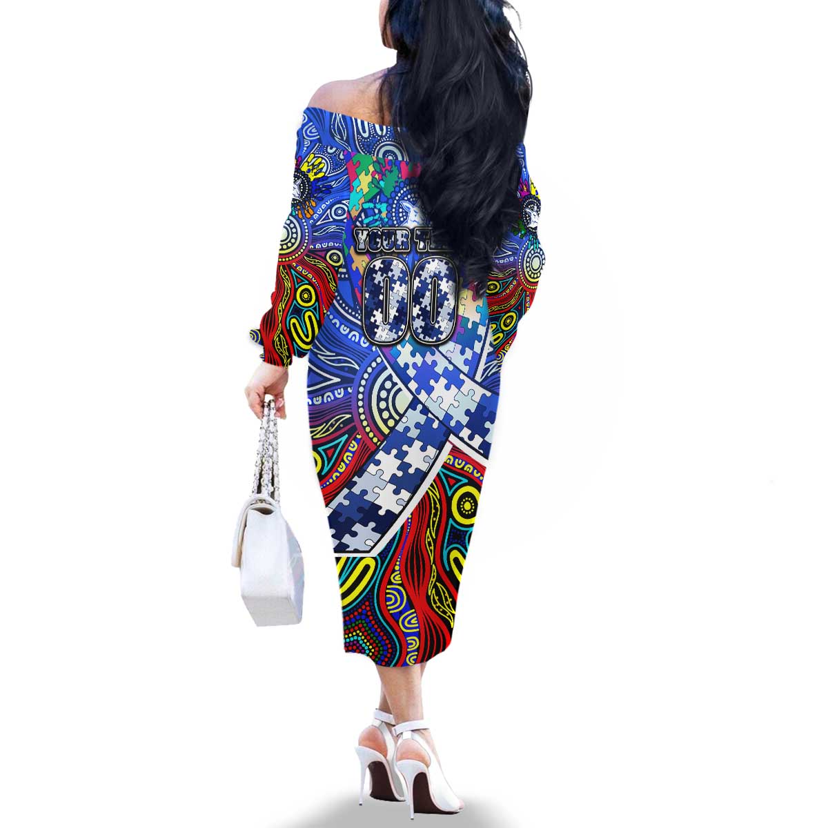 Autism Awareness Australia North Melbourne Kangaroos Family Matching Off The Shoulder Long Sleeve Dress and Hawaiian Shirt Aboriginal Indigenous Art
