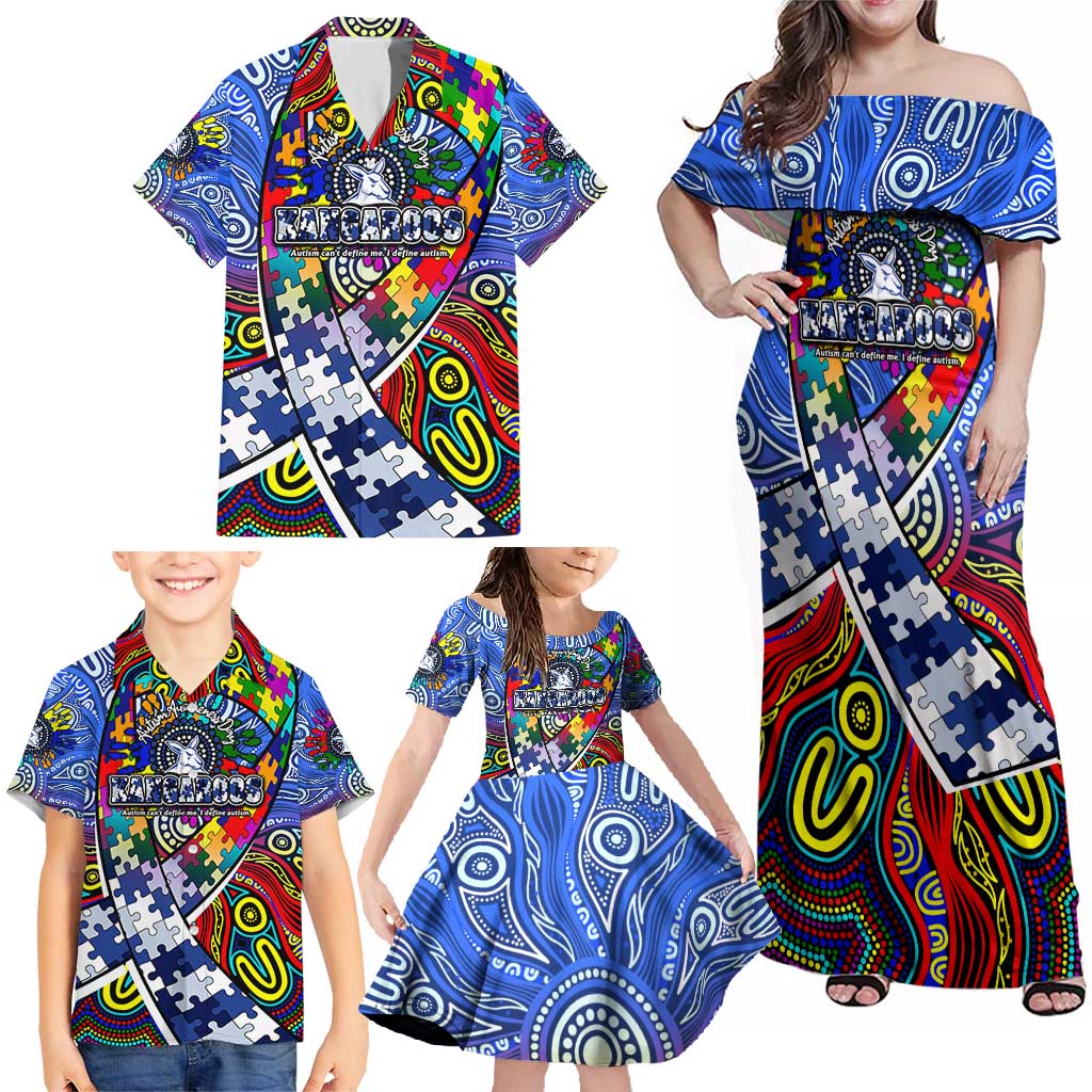 Autism Awareness Australia North Melbourne Kangaroos Family Matching Off Shoulder Maxi Dress and Hawaiian Shirt Aboriginal Indigenous Art