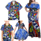Autism Awareness Australia North Melbourne Kangaroos Family Matching Off Shoulder Maxi Dress and Hawaiian Shirt Aboriginal Indigenous Art