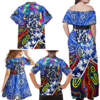 Autism Awareness Australia North Melbourne Kangaroos Family Matching Off Shoulder Maxi Dress and Hawaiian Shirt Aboriginal Indigenous Art
