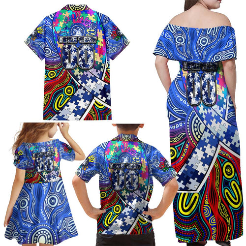Autism Awareness Australia North Melbourne Kangaroos Family Matching Off Shoulder Maxi Dress and Hawaiian Shirt Aboriginal Indigenous Art
