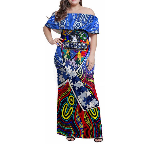 Autism Awareness Australia North Melbourne Kangaroos Family Matching Off Shoulder Maxi Dress and Hawaiian Shirt Aboriginal Indigenous Art