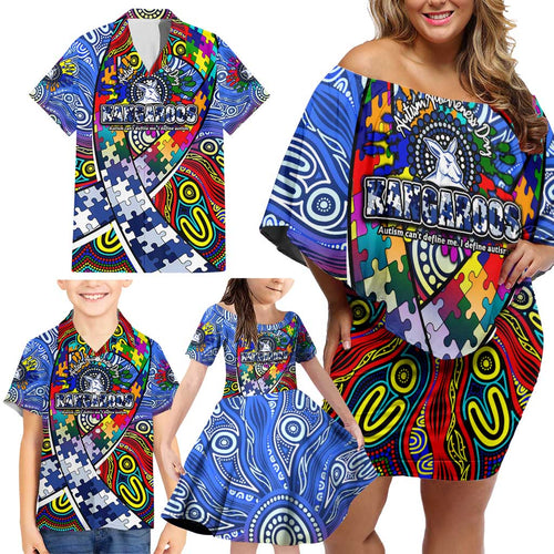 Autism Awareness Australia North Melbourne Kangaroos Family Matching Off Shoulder Short Dress and Hawaiian Shirt Aboriginal Indigenous Art