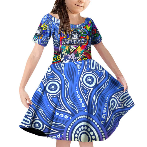 Autism Awareness Australia North Melbourne Kangaroos Family Matching Off Shoulder Short Dress and Hawaiian Shirt Aboriginal Indigenous Art