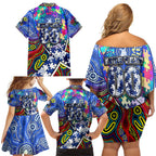 Autism Awareness Australia North Melbourne Kangaroos Family Matching Off Shoulder Short Dress and Hawaiian Shirt Aboriginal Indigenous Art