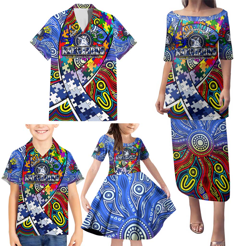 Autism Awareness Australia North Melbourne Kangaroos Family Matching Puletasi and Hawaiian Shirt Aboriginal Indigenous Art