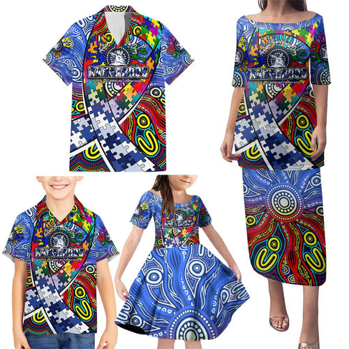Autism Awareness Australia North Melbourne Kangaroos Family Matching Puletasi and Hawaiian Shirt Aboriginal Indigenous Art