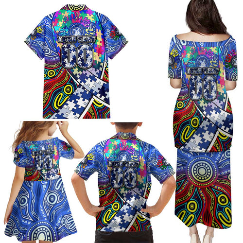 Autism Awareness Australia North Melbourne Kangaroos Family Matching Puletasi and Hawaiian Shirt Aboriginal Indigenous Art