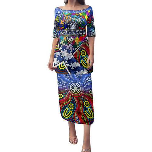 Autism Awareness Australia North Melbourne Kangaroos Family Matching Puletasi and Hawaiian Shirt Aboriginal Indigenous Art