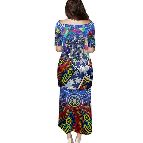Autism Awareness Australia North Melbourne Kangaroos Family Matching Puletasi and Hawaiian Shirt Aboriginal Indigenous Art