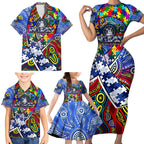 Autism Awareness Australia North Melbourne Kangaroos Family Matching Short Sleeve Bodycon Dress and Hawaiian Shirt Aboriginal Indigenous Art