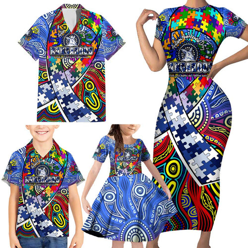 Autism Awareness Australia North Melbourne Kangaroos Family Matching Short Sleeve Bodycon Dress and Hawaiian Shirt Aboriginal Indigenous Art
