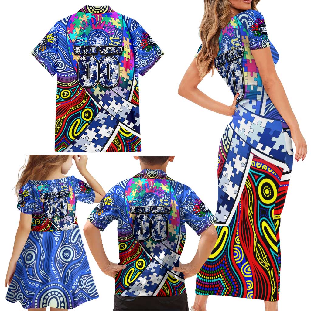 Autism Awareness Australia North Melbourne Kangaroos Family Matching Short Sleeve Bodycon Dress and Hawaiian Shirt Aboriginal Indigenous Art