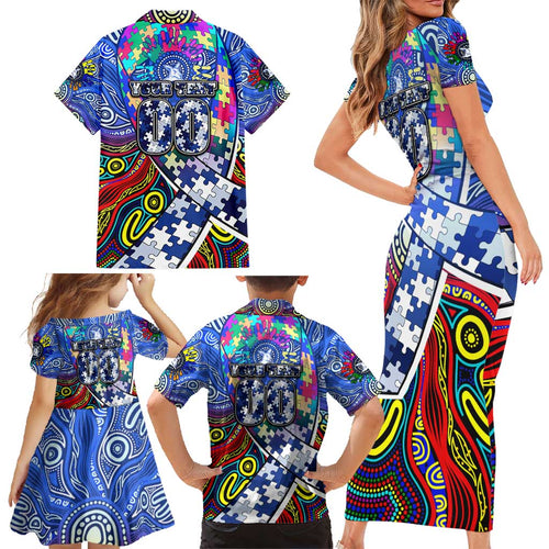 Autism Awareness Australia North Melbourne Kangaroos Family Matching Short Sleeve Bodycon Dress and Hawaiian Shirt Aboriginal Indigenous Art