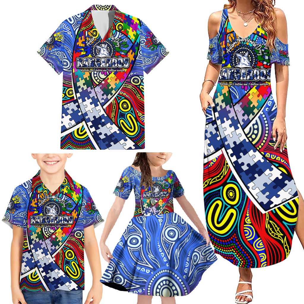 Autism Awareness Australia North Melbourne Kangaroos Family Matching Summer Maxi Dress and Hawaiian Shirt Aboriginal Indigenous Art
