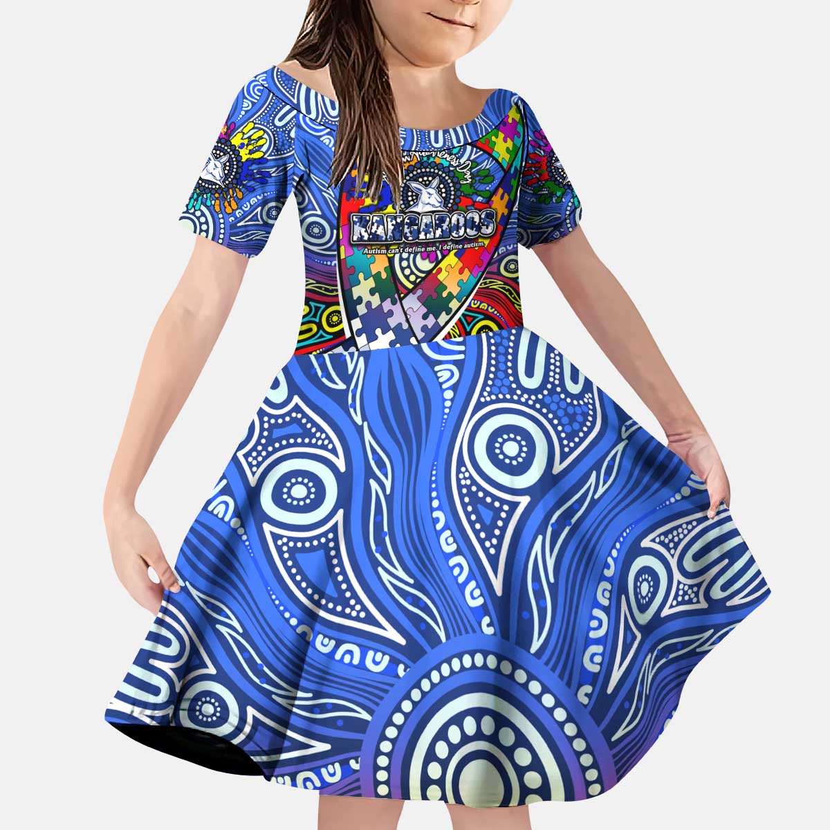 Autism Awareness Australia North Melbourne Kangaroos Kid Short Sleeve Dress Aboriginal Indigenous Art