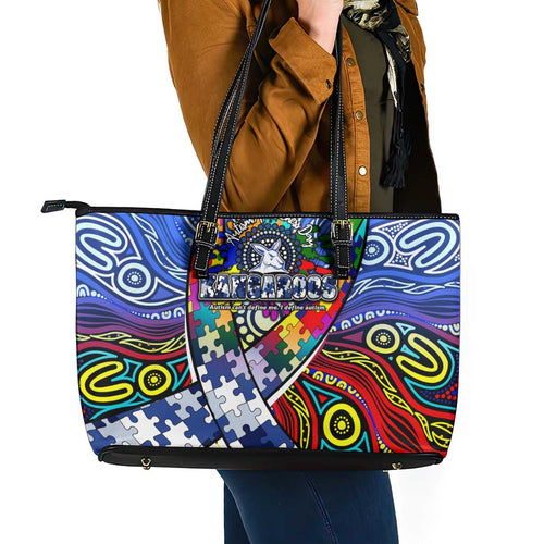 Autism Awareness Australia North Melbourne Kangaroos Leather Tote Bag Aboriginal Indigenous Art