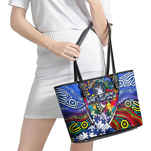 Autism Awareness Australia North Melbourne Kangaroos Leather Tote Bag Aboriginal Indigenous Art