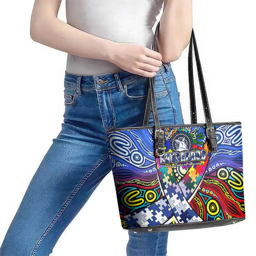 Autism Awareness Australia North Melbourne Kangaroos Leather Tote Bag Aboriginal Indigenous Art