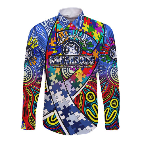 Autism Awareness Australia North Melbourne Kangaroos Long Sleeve Button Shirt Aboriginal Indigenous Art