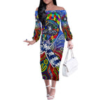 Autism Awareness Australia North Melbourne Kangaroos Off The Shoulder Long Sleeve Dress Aboriginal Indigenous Art