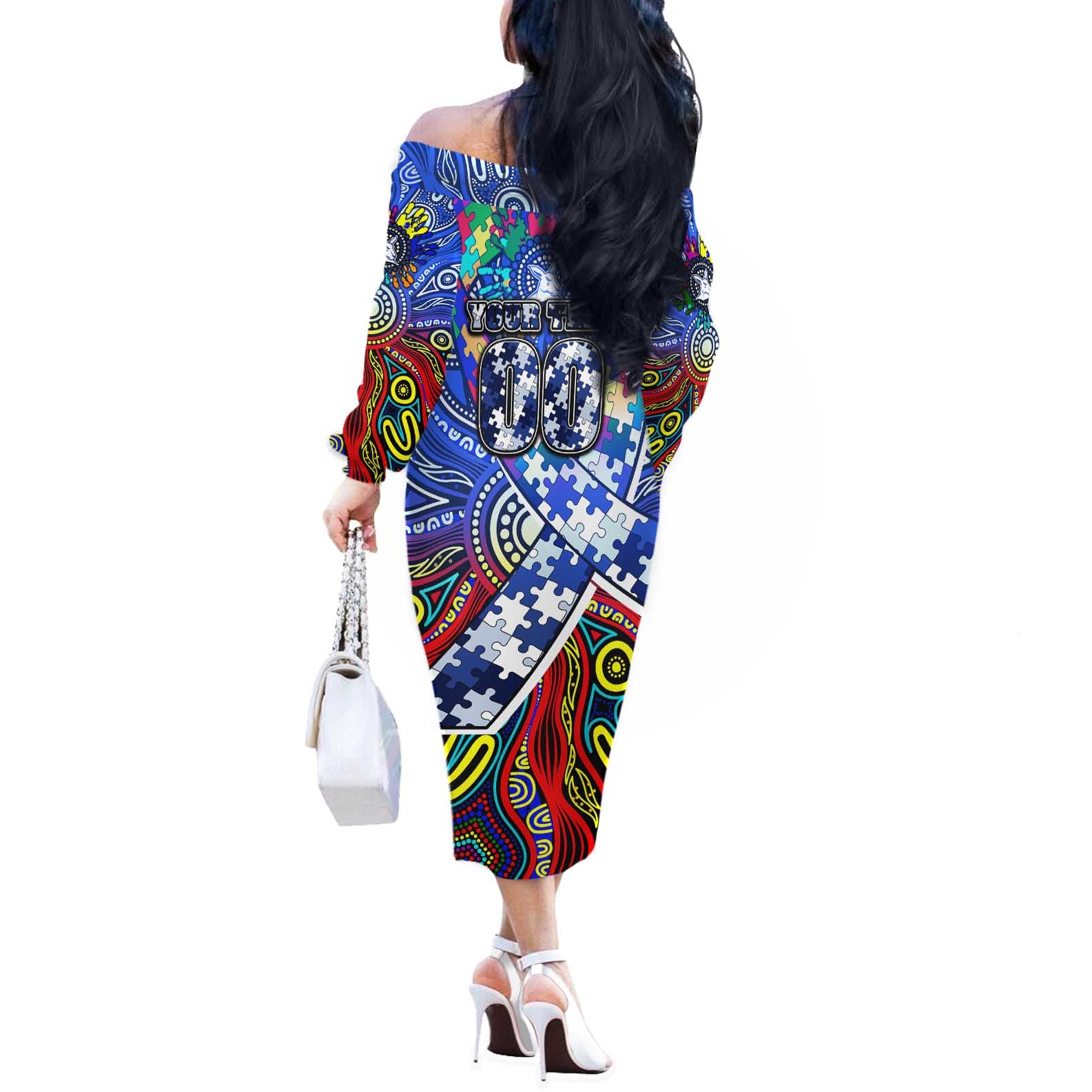 Autism Awareness Australia North Melbourne Kangaroos Off The Shoulder Long Sleeve Dress Aboriginal Indigenous Art