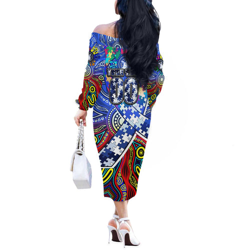 Autism Awareness Australia North Melbourne Kangaroos Off The Shoulder Long Sleeve Dress Aboriginal Indigenous Art
