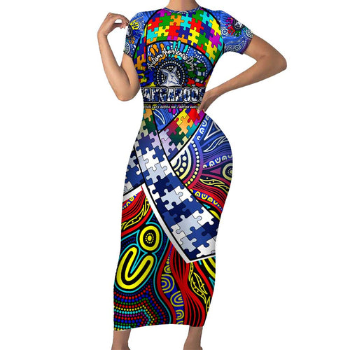 Autism Awareness Australia North Melbourne Kangaroos Short Sleeve Bodycon Dress Aboriginal Indigenous Art