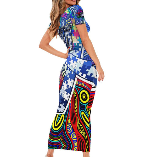 Autism Awareness Australia North Melbourne Kangaroos Short Sleeve Bodycon Dress Aboriginal Indigenous Art