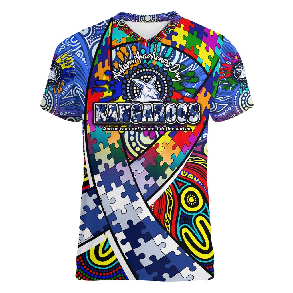 Autism Awareness Australia North Melbourne Kangaroos Women V-Neck T-Shirt Aboriginal Indigenous Art