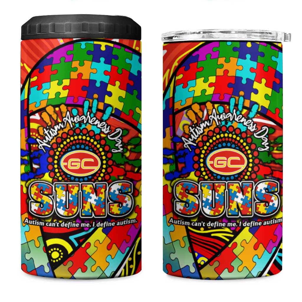 Autism Awareness Australia Gold Coast Suns 4 in 1 Can Cooler Tumbler Aboriginal Indigenous Art