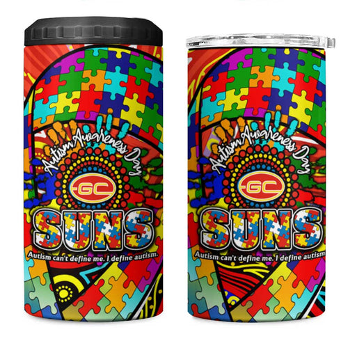 Autism Awareness Australia Gold Coast Suns 4 in 1 Can Cooler Tumbler Aboriginal Indigenous Art