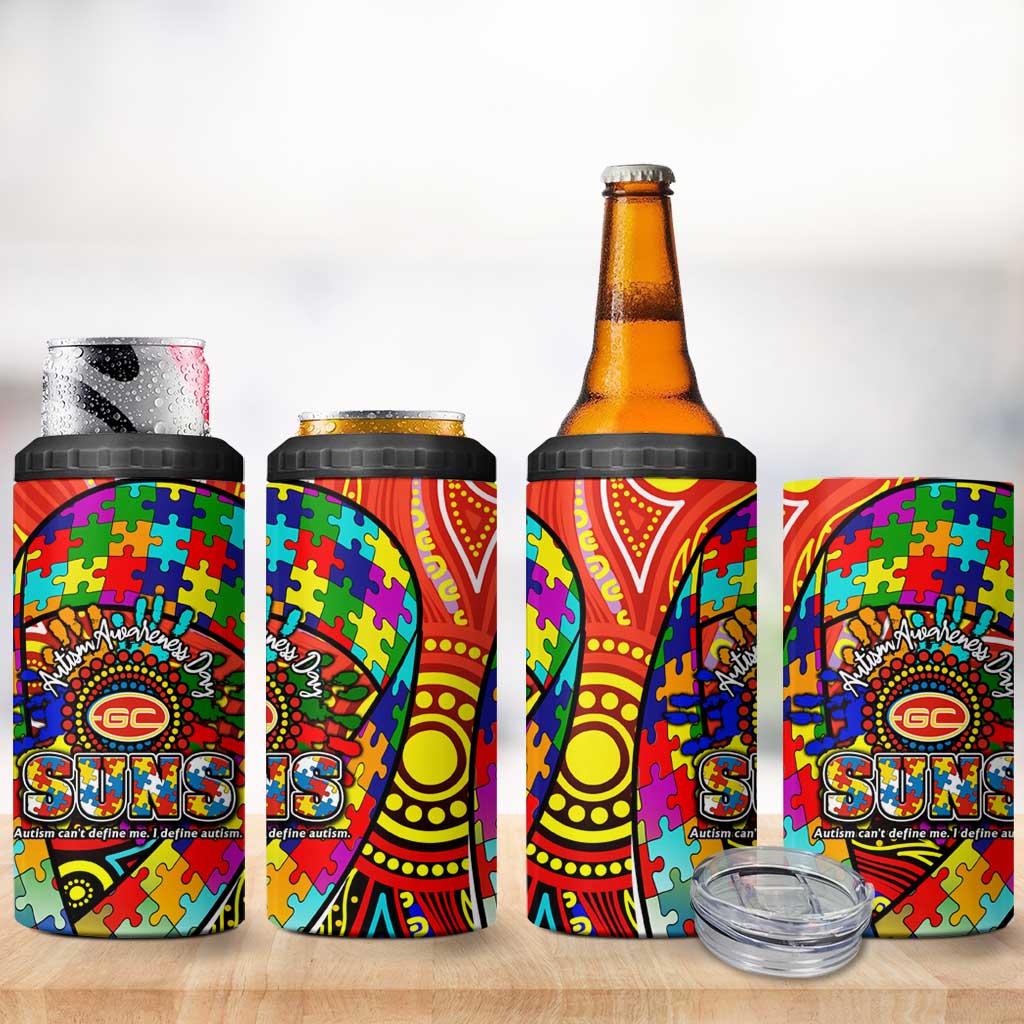 Autism Awareness Australia Gold Coast Suns 4 in 1 Can Cooler Tumbler Aboriginal Indigenous Art