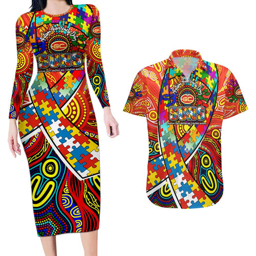 Autism Awareness Australia Gold Coast Suns Couples Matching Long Sleeve Bodycon Dress and Hawaiian Shirt Aboriginal Indigenous Art