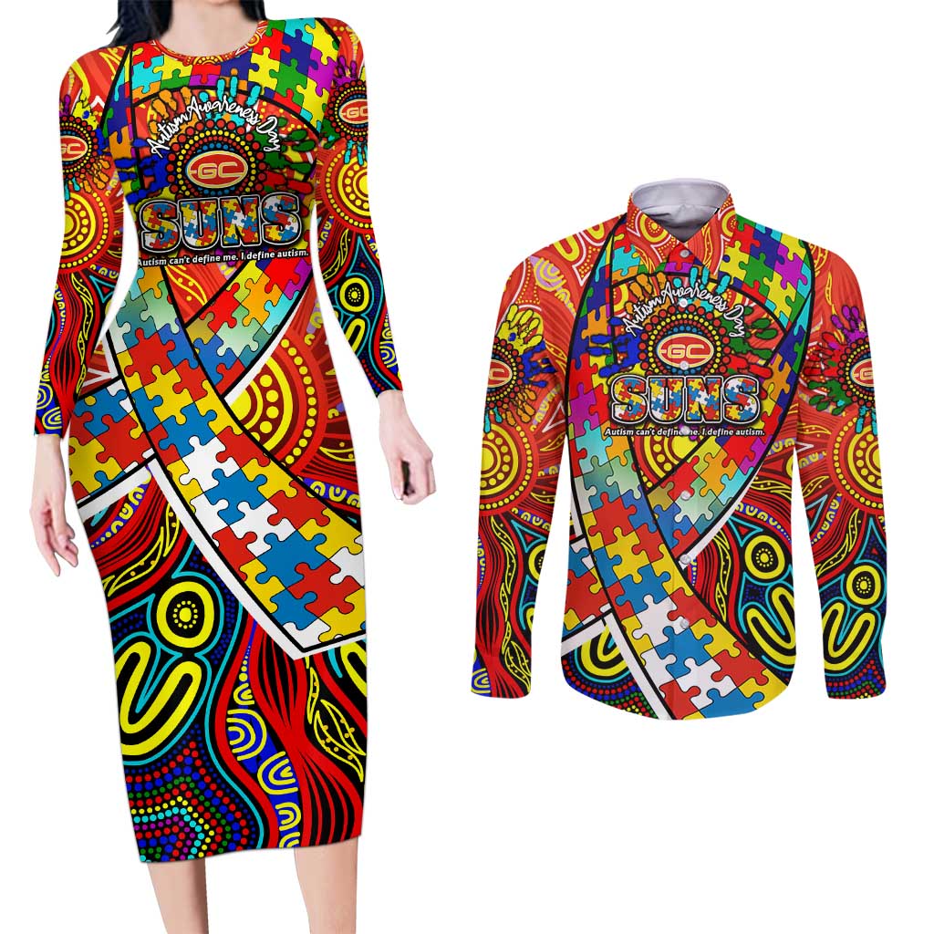 Autism Awareness Australia Gold Coast Suns Couples Matching Long Sleeve Bodycon Dress and Long Sleeve Button Shirt Aboriginal Indigenous Art