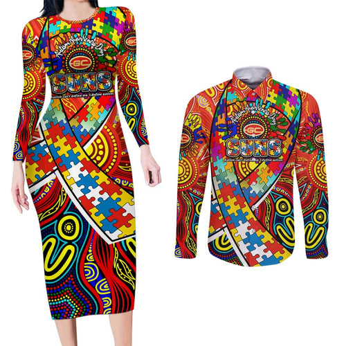 Autism Awareness Australia Gold Coast Suns Couples Matching Long Sleeve Bodycon Dress and Long Sleeve Button Shirt Aboriginal Indigenous Art
