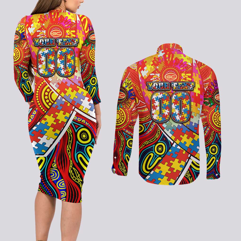 Autism Awareness Australia Gold Coast Suns Couples Matching Long Sleeve Bodycon Dress and Long Sleeve Button Shirt Aboriginal Indigenous Art