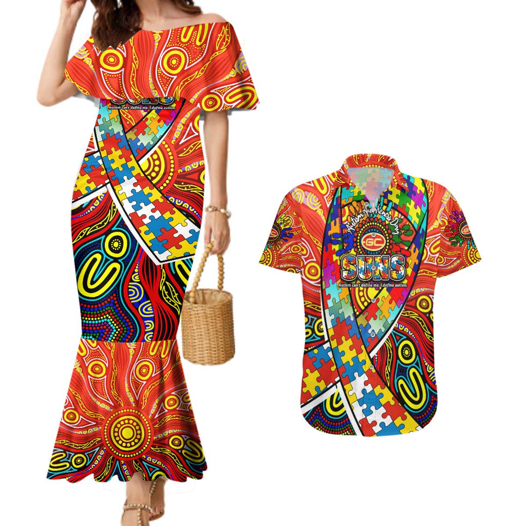 Autism Awareness Australia Gold Coast Suns Couples Matching Mermaid Dress and Hawaiian Shirt Aboriginal Indigenous Art