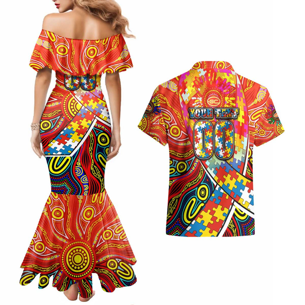 Autism Awareness Australia Gold Coast Suns Couples Matching Mermaid Dress and Hawaiian Shirt Aboriginal Indigenous Art