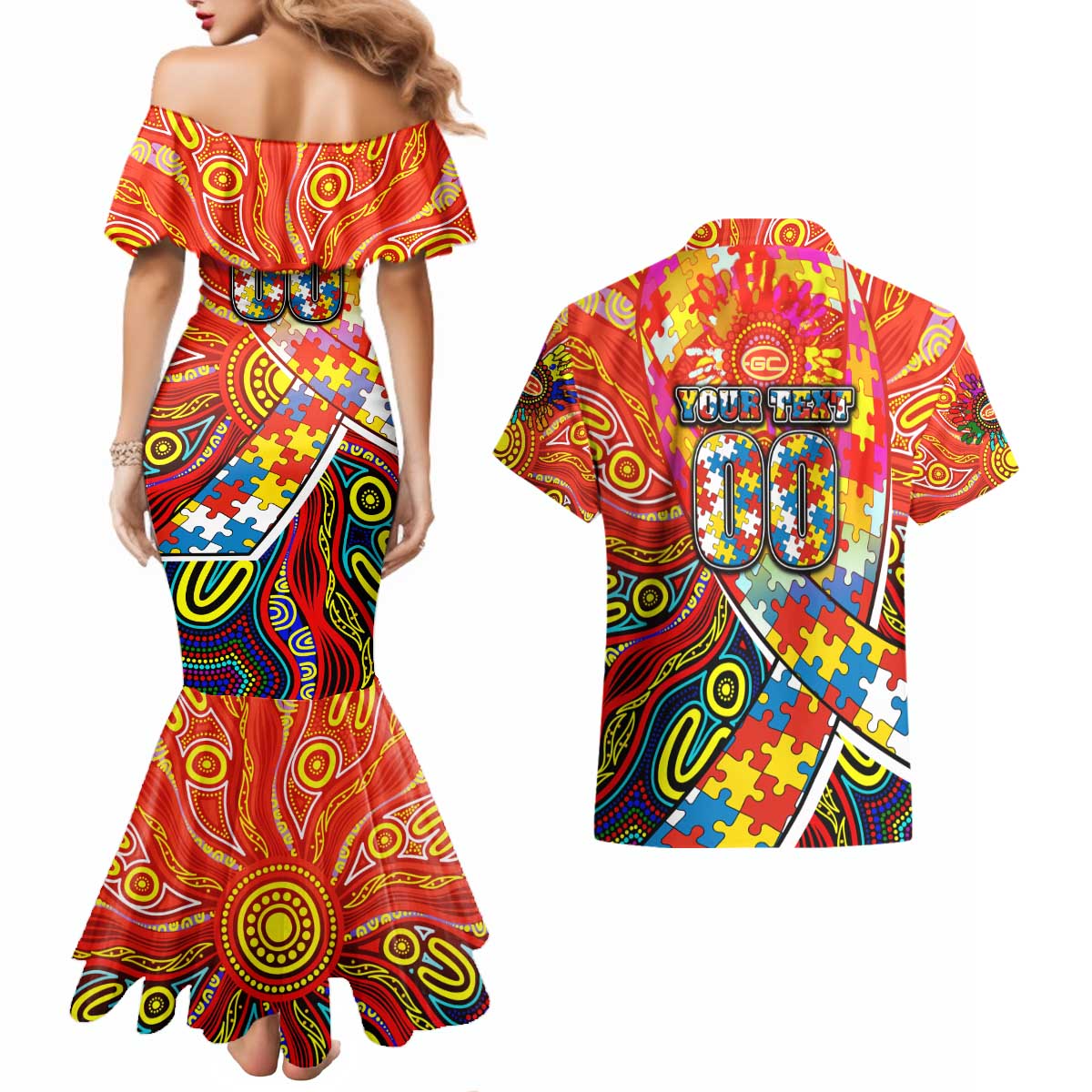 Autism Awareness Australia Gold Coast Suns Couples Matching Mermaid Dress and Hawaiian Shirt Aboriginal Indigenous Art