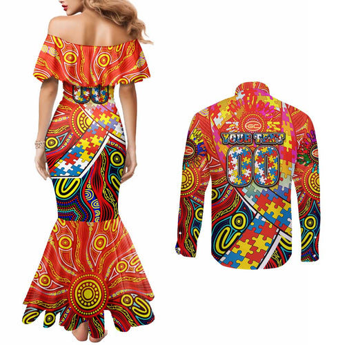 Autism Awareness Australia Gold Coast Suns Couples Matching Mermaid Dress and Long Sleeve Button Shirt Aboriginal Indigenous Art