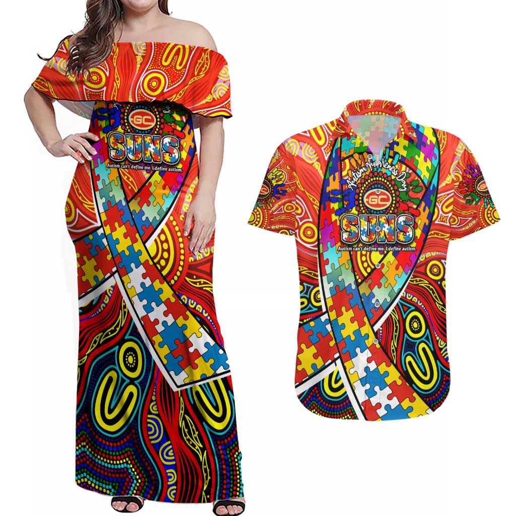 Autism Awareness Australia Gold Coast Suns Couples Matching Off Shoulder Maxi Dress and Hawaiian Shirt Aboriginal Indigenous Art