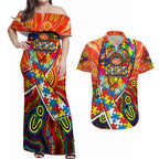 Autism Awareness Australia Gold Coast Suns Couples Matching Off Shoulder Maxi Dress and Hawaiian Shirt Aboriginal Indigenous Art